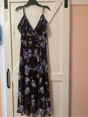 Miami Plum Floral Spaghetti-Strap Maxi Dress with Blue and White Blooms